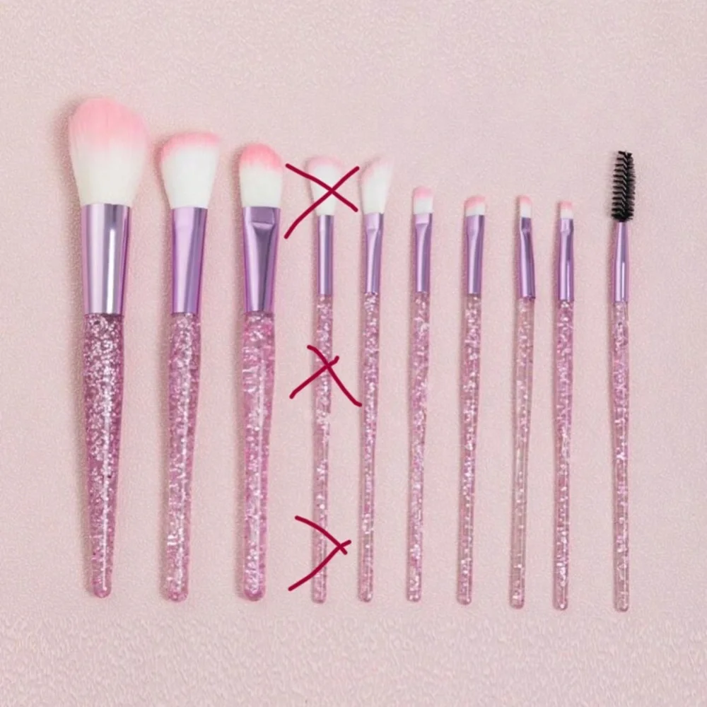9 Piece Glitter Pink and Lilac Crystal Makeup Brush Set